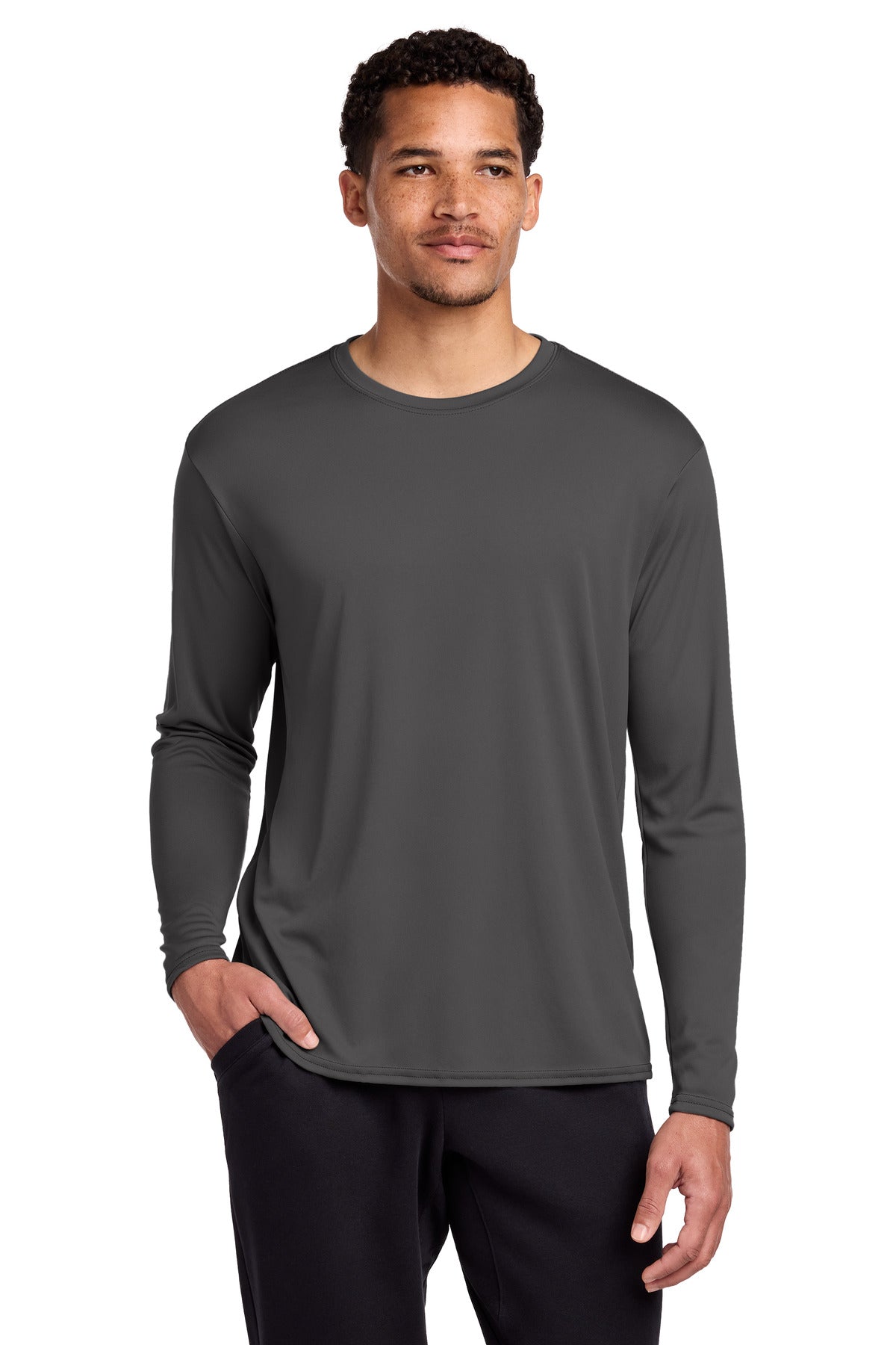 Charcoal Port & Co Long Sleeve Performance Tee. PC380LS plain