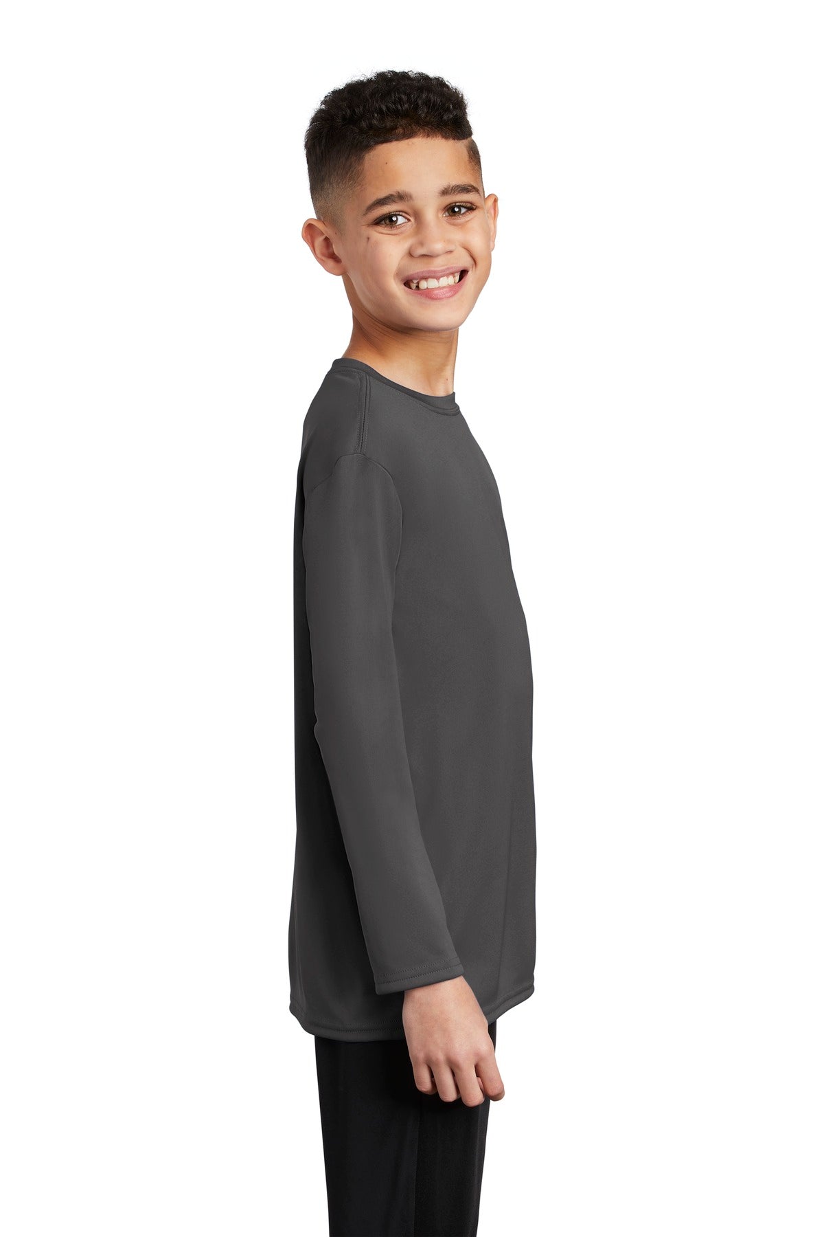 Charcoal Port & Co Youth Long Sleeve Performance Tee PC380YLS plain