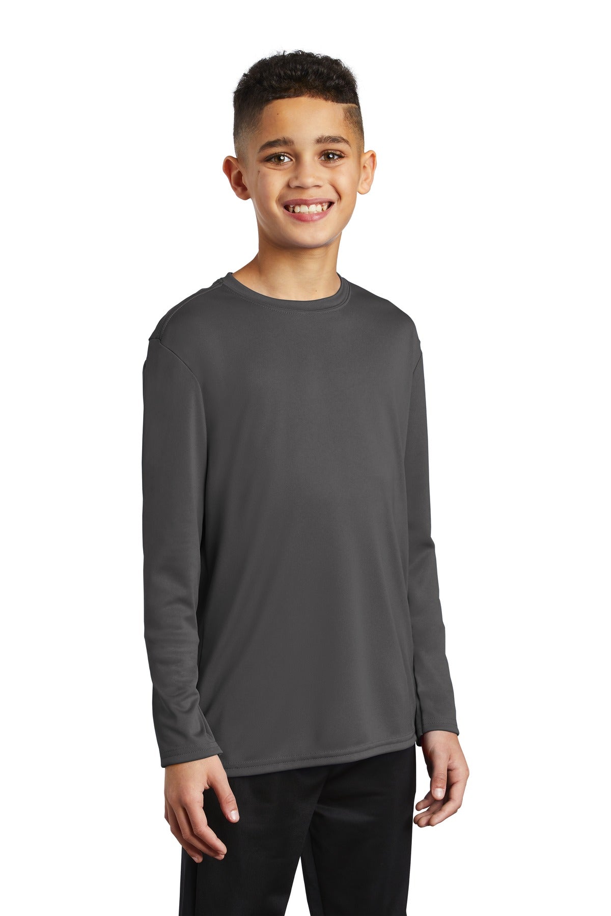 Charcoal Port & Co Youth Long Sleeve Performance Tee PC380YLS plain