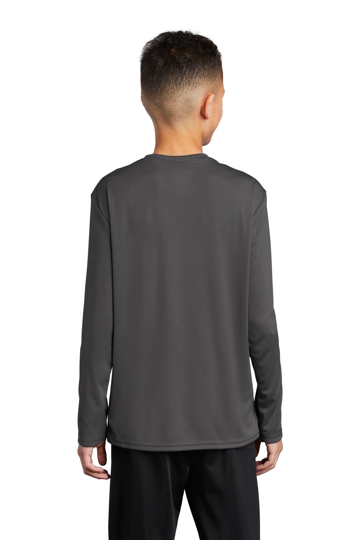Charcoal Port & Co Youth Long Sleeve Performance Tee PC380YLS plain