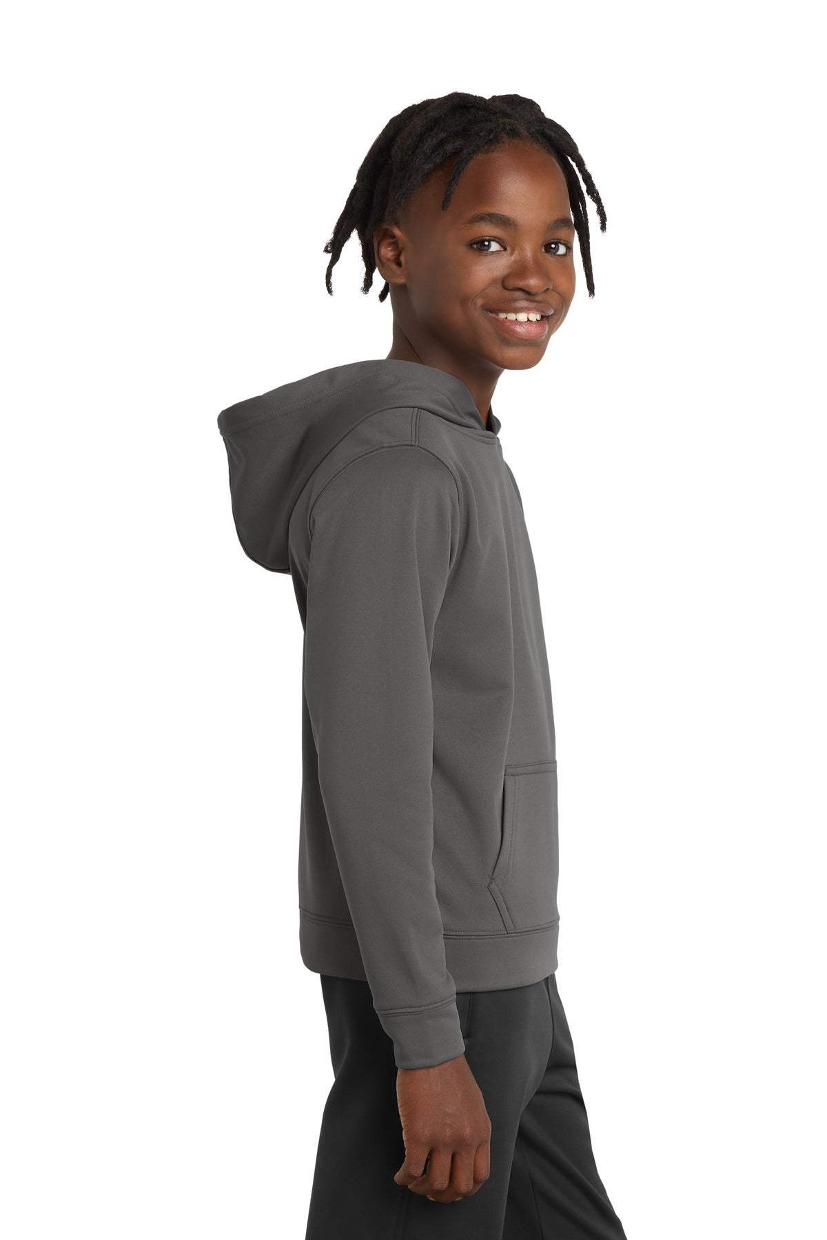 Charcoal Port & Co Youth Performance Fleece Pullover Hooded Sweatshirt. PC590YH plain
