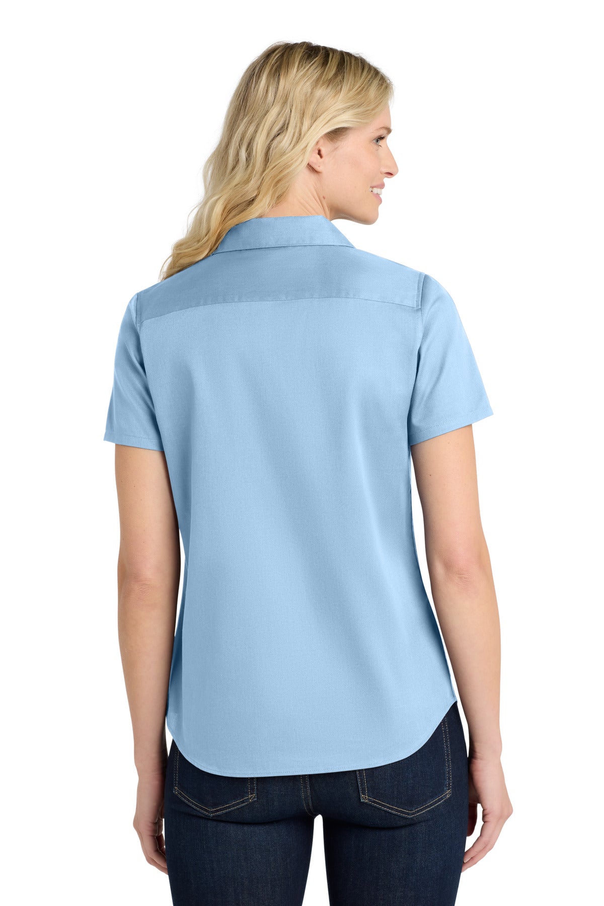 CloudBlue Port Authority Women's Short Sleeve SuperPro React Twill Shirt. LW809 plain
