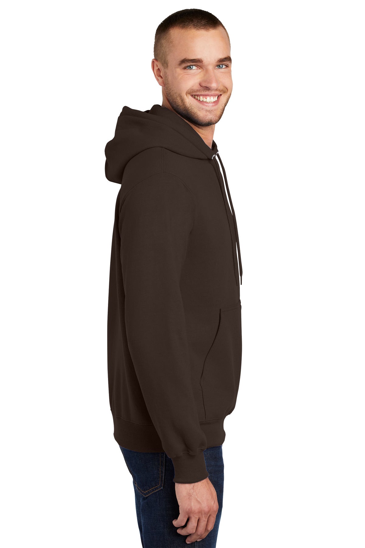 Dark Chocolate Port & Co Tall Essential Fleece Pullover Hooded Sweatshirt. PC90HT plain