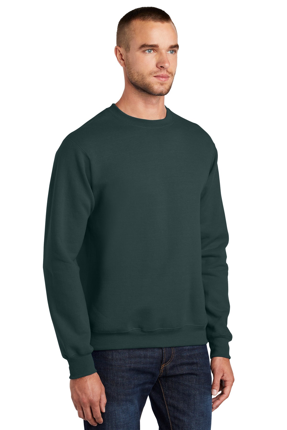 Dark Green Port & Co Essential Fleece Crewneck Sweatshirt. PC90 plain