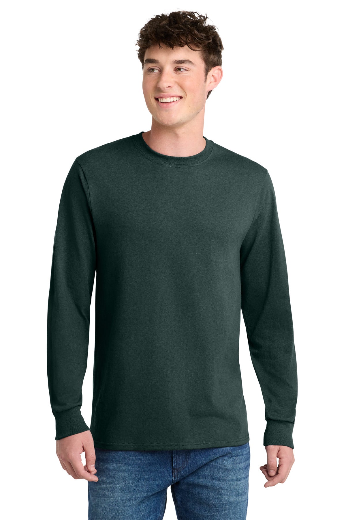 Dark Green Port & Co Tall Long Sleeve Core Blend Tee. PC55LST plain