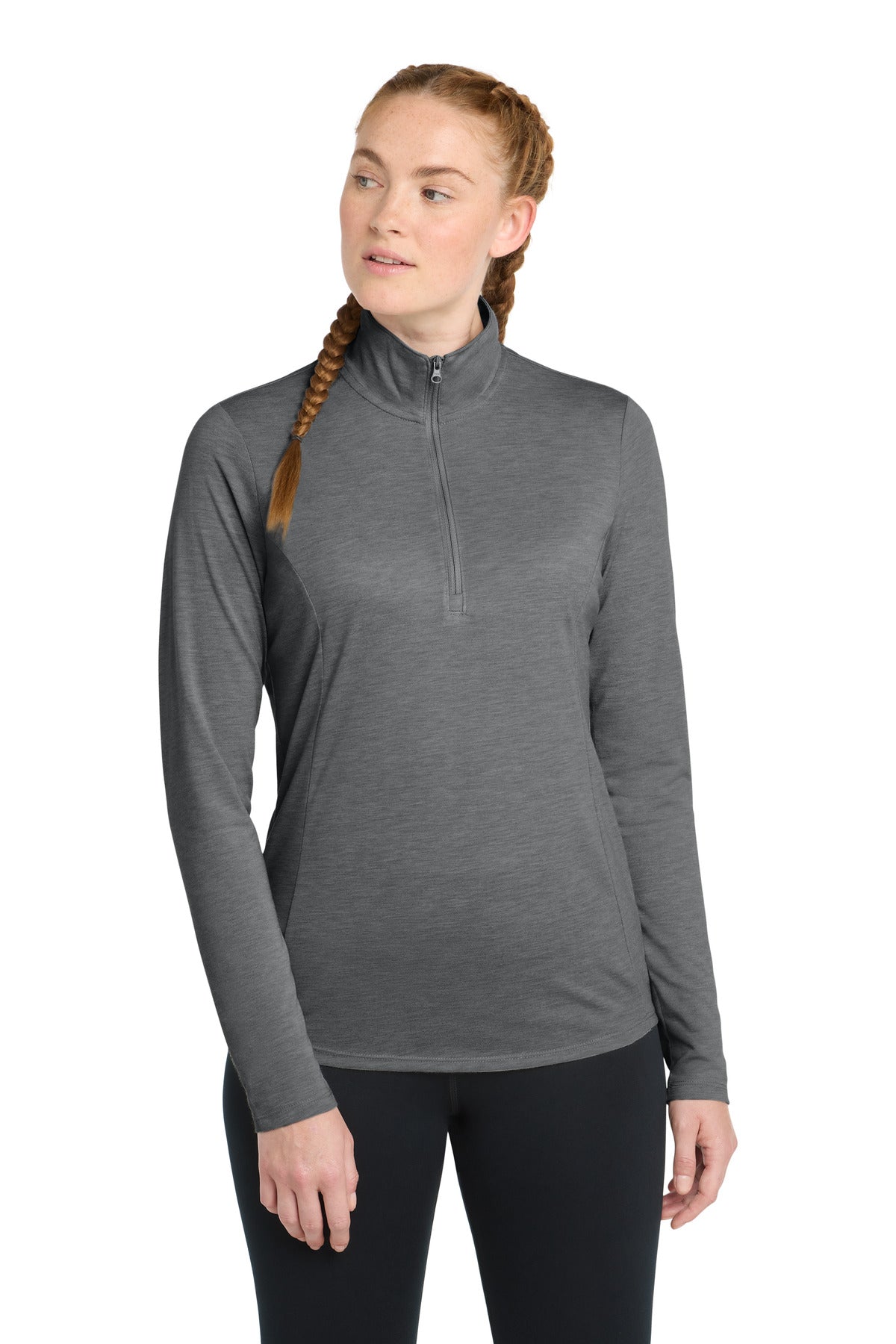 Dark Grey Hthr Sport-Tek Women's PosiCharge Tri-Blend Wicking 1/4-Zip Pullover. LST407 plain
