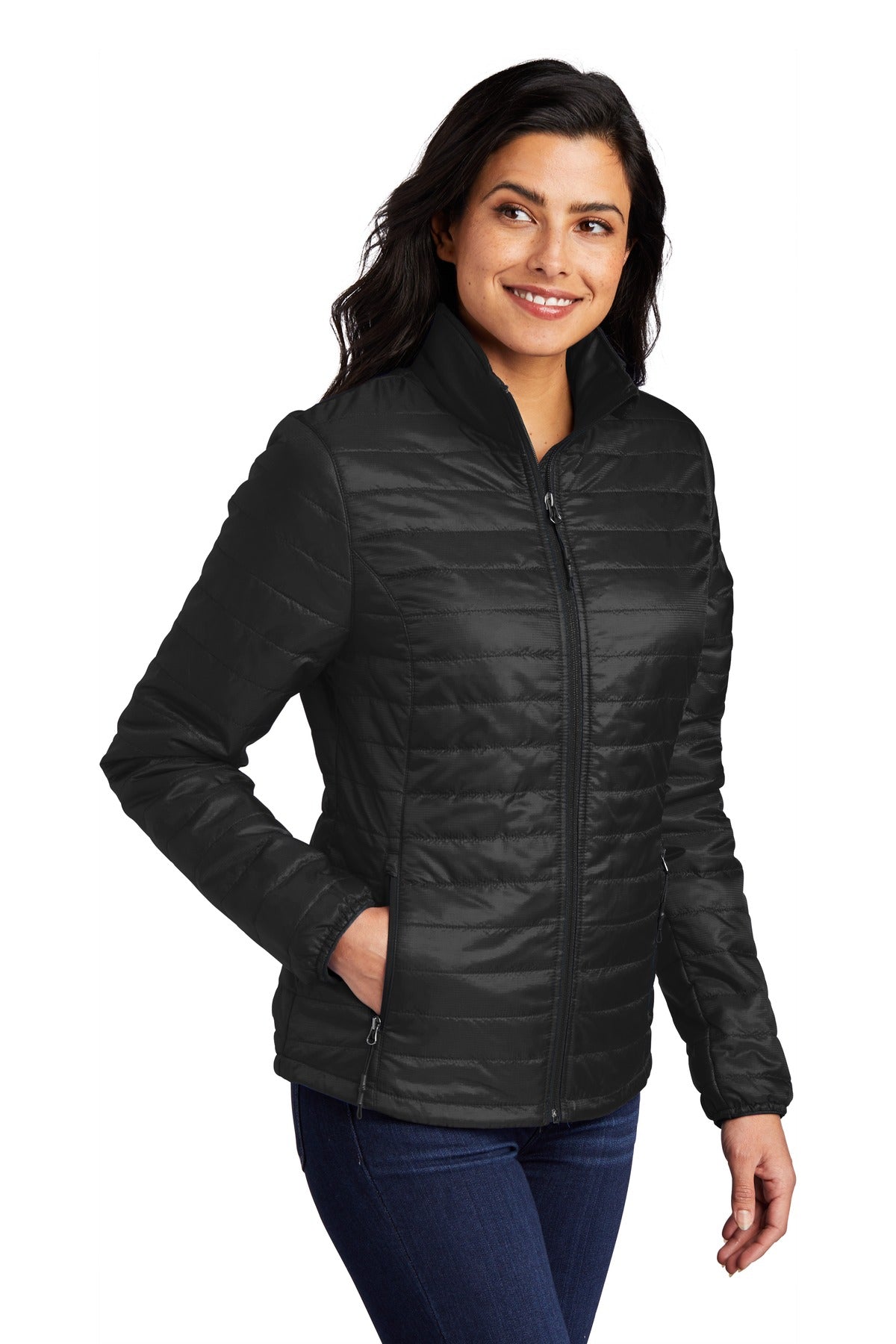 Deep Black Port Authority Women's Packable Puffy Jacket L850 plain