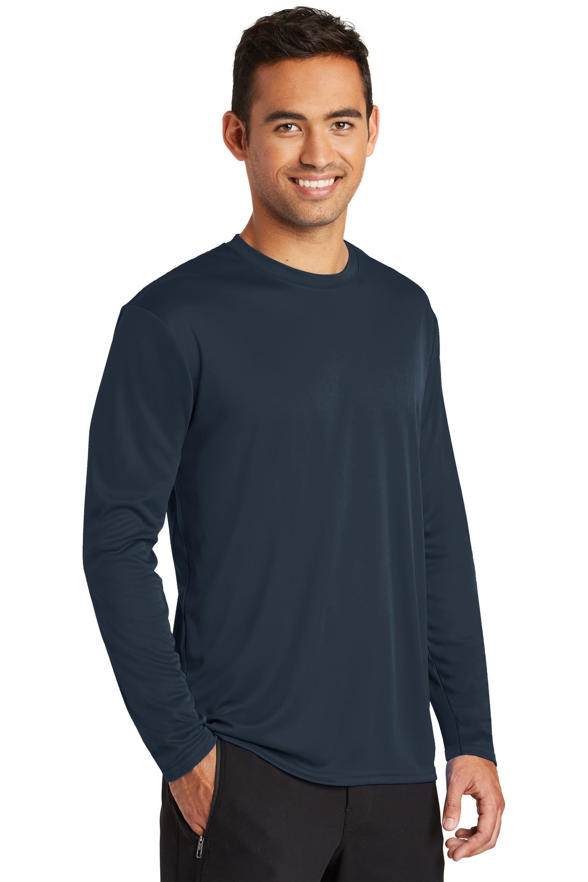 Deep Navy Port & Co Long Sleeve Performance Tee. PC380LS plain