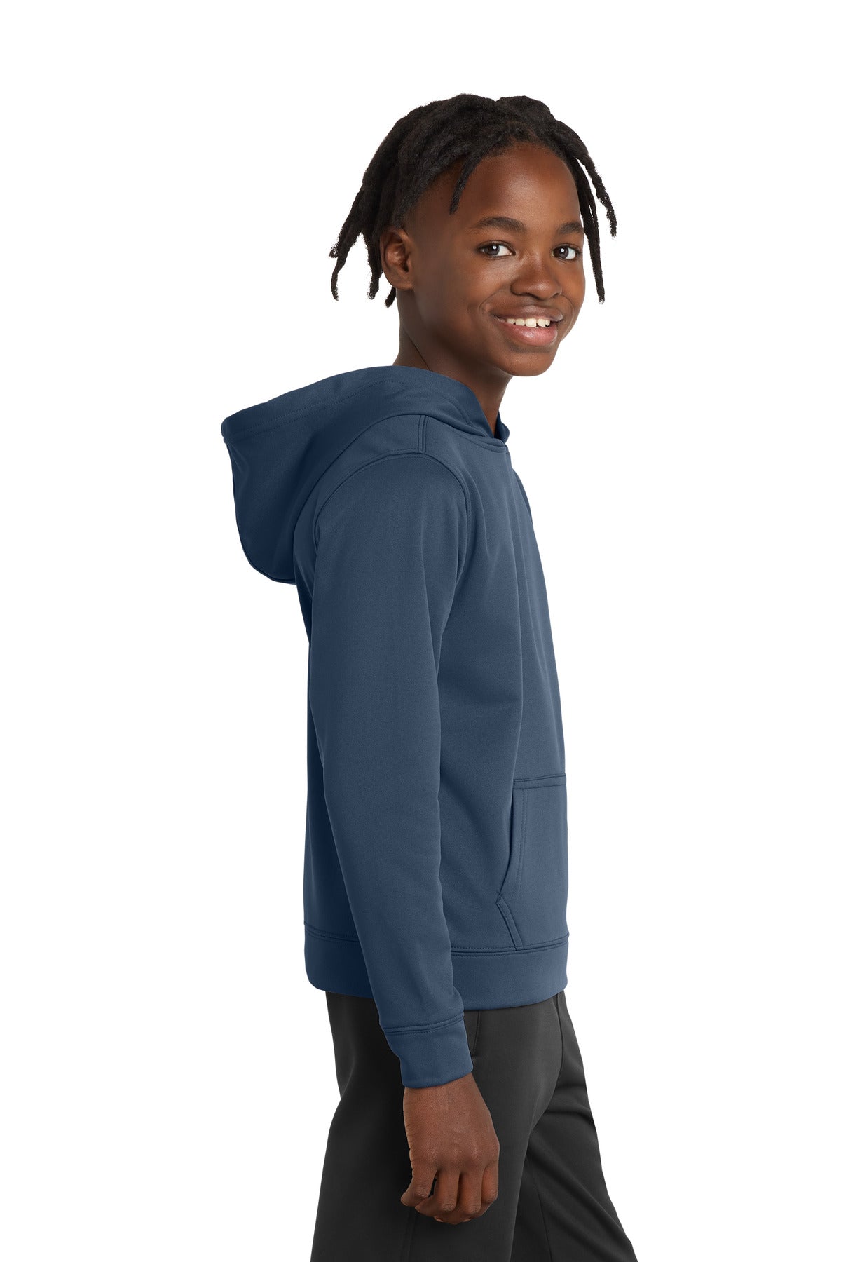 Deep Navy Port & Co Youth Performance Fleece Pullover Hooded Sweatshirt. PC590YH plain