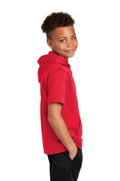 Deep Red Sport-Tek Youth Sport-Wick Fleece Short Sleeve Hooded Pullover. YST251 plain