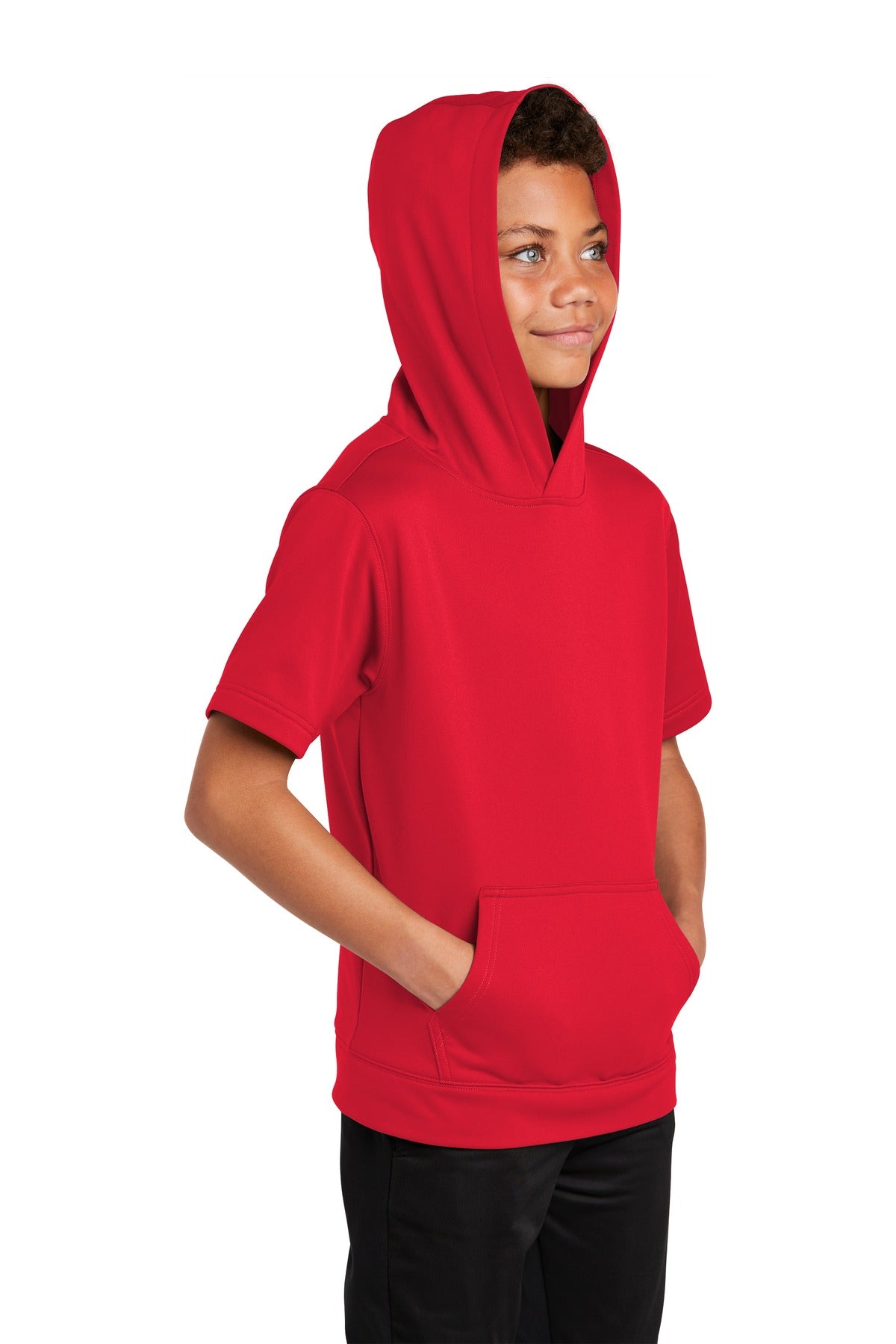 Deep Red Sport-Tek Youth Sport-Wick Fleece Short Sleeve Hooded Pullover. YST251 plain