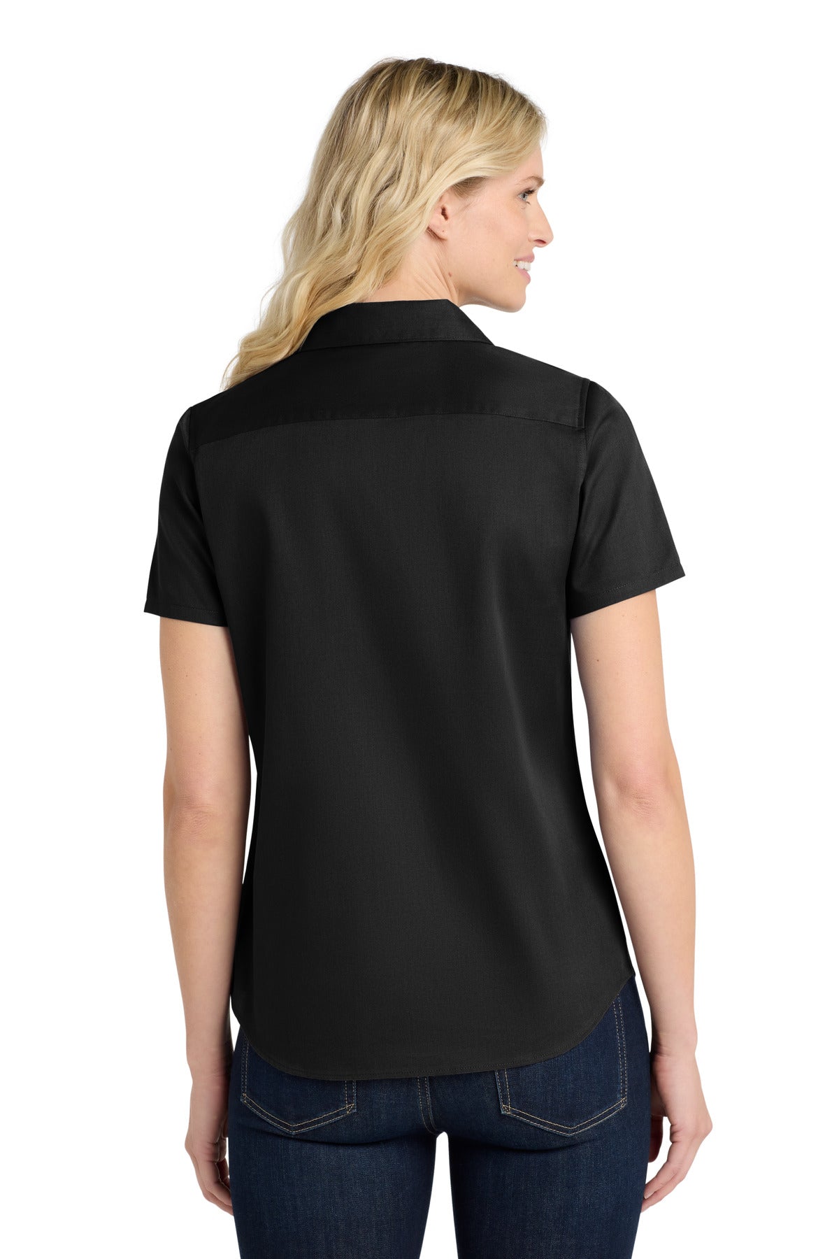 DeepBlack Port Authority Women's Short Sleeve SuperPro React Twill Shirt. LW809 plain