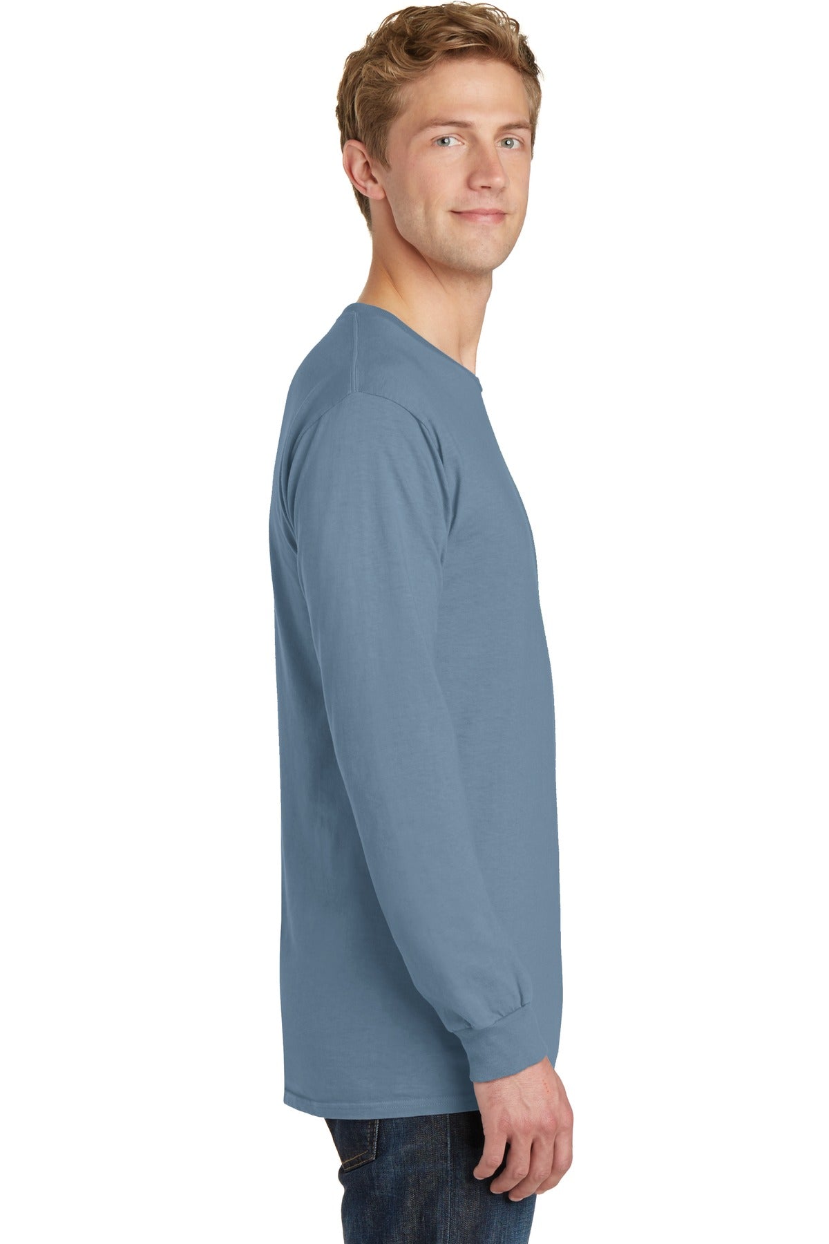 Denim Blue Port & Co Beach Wash Garment-Dyed Long Sleeve Tee PC099LS plain