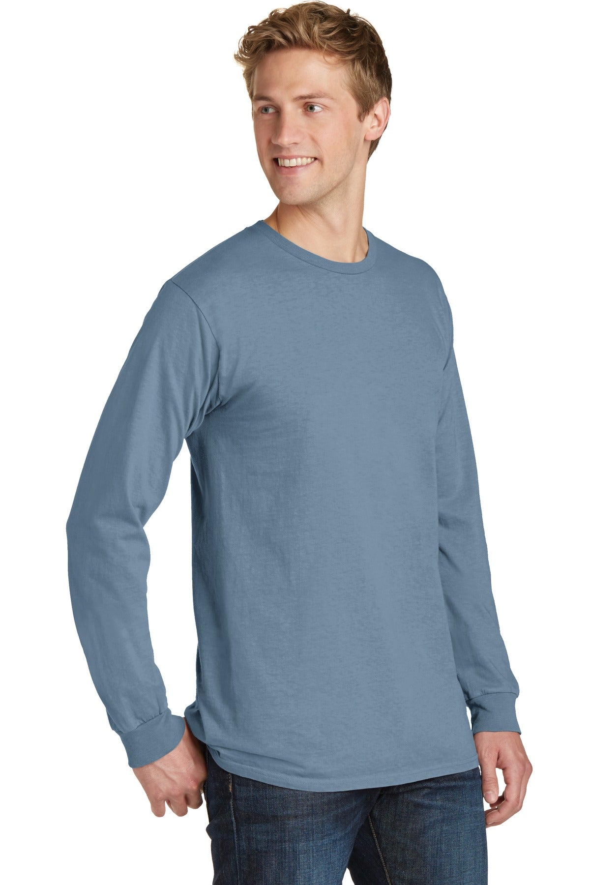 Denim Blue Port & Co Beach Wash Garment-Dyed Long Sleeve Tee PC099LS plain