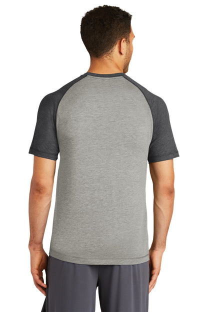 Dk Gry He/LGH Sport-Tek PosiCharge Tri-Blend Wicking Raglan Tee. ST400 plain