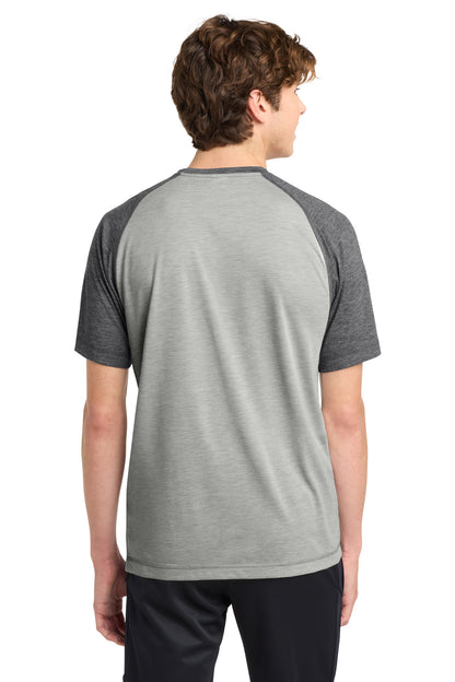 Dk Gry He/LGH Sport-Tek PosiCharge Tri-Blend Wicking Raglan Tee. ST400 plain