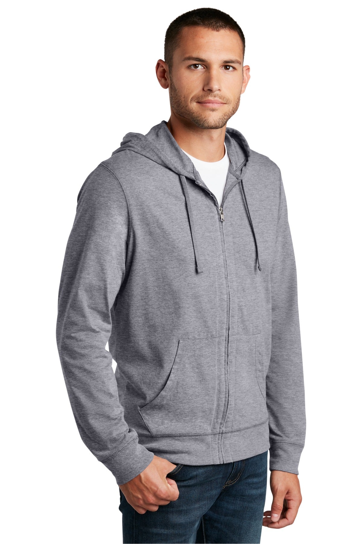 Dk Hthr Grey District Jersey Full-Zip Hoodie. DT1100 plain