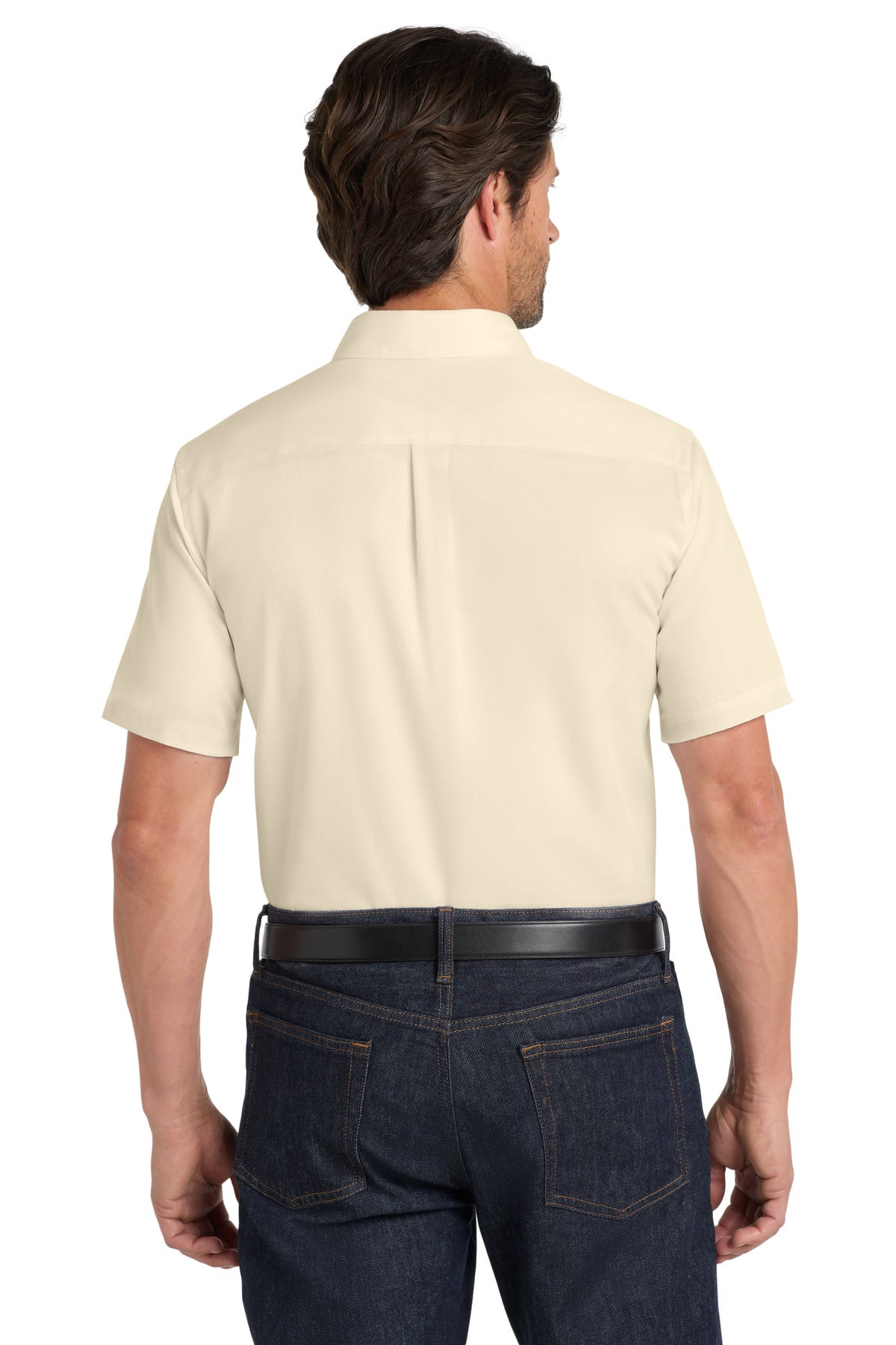 Ecru Port Authority Short Sleeve SuperPro React Twill Shirt. W809 plain