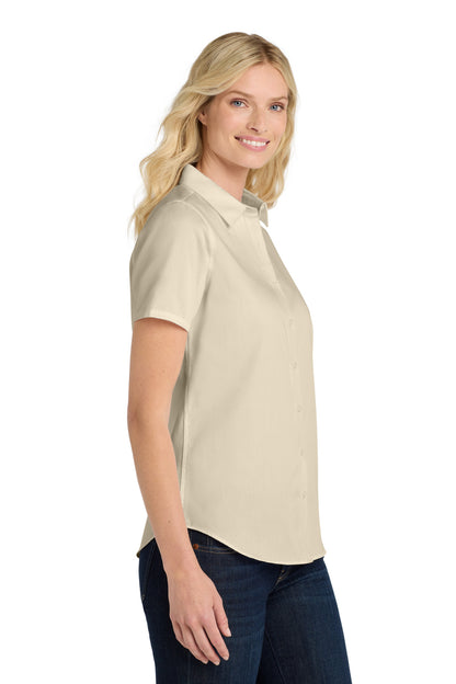 Ecru Port Authority Women's Short Sleeve SuperPro React Twill Shirt. LW809 plain
