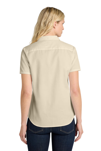 Ecru Port Authority Women's Short Sleeve SuperPro React Twill Shirt. LW809 plain