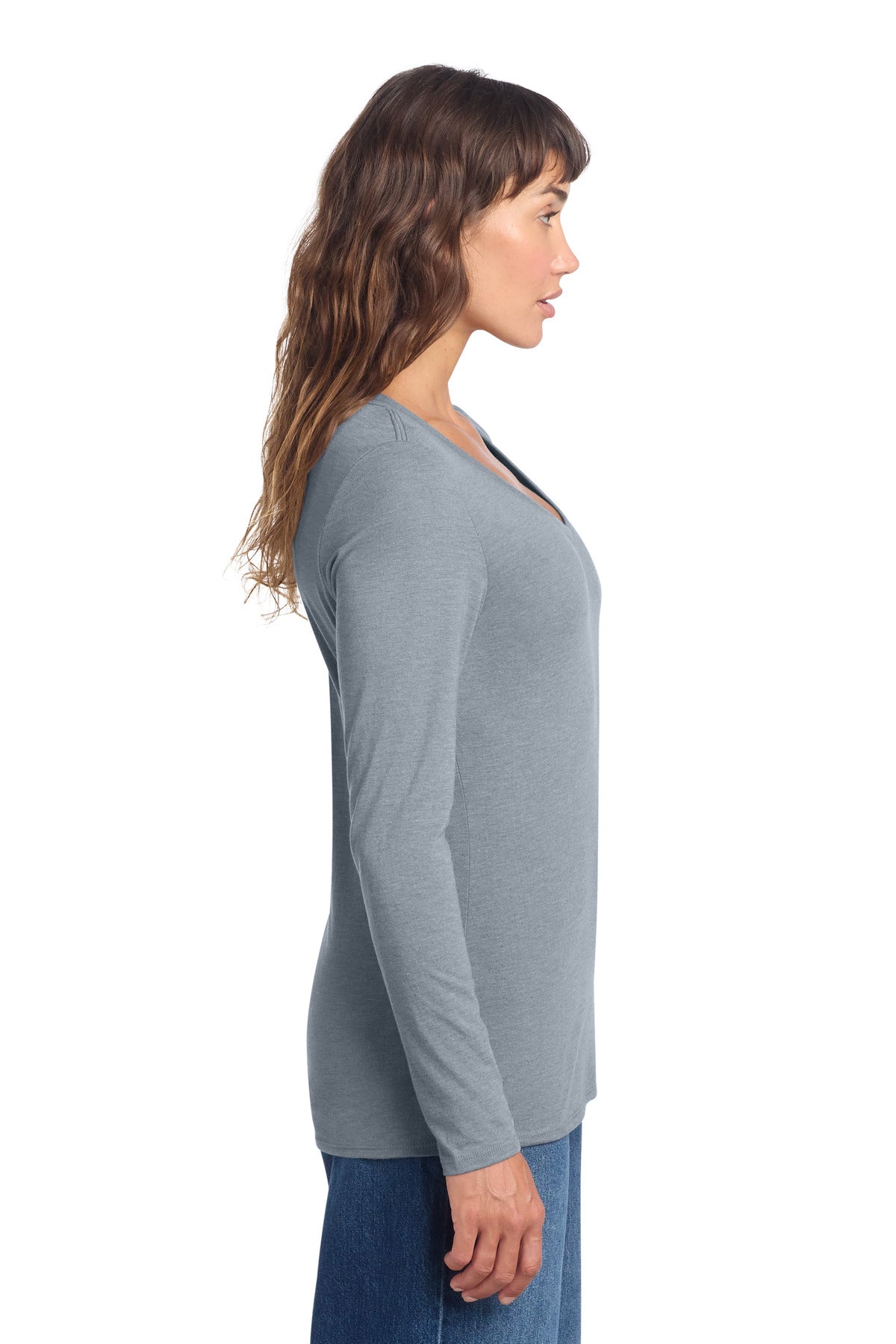 FlntBluHtr District Women's Perfect Tri Long Sleeve V-Neck Tee DT135 plain