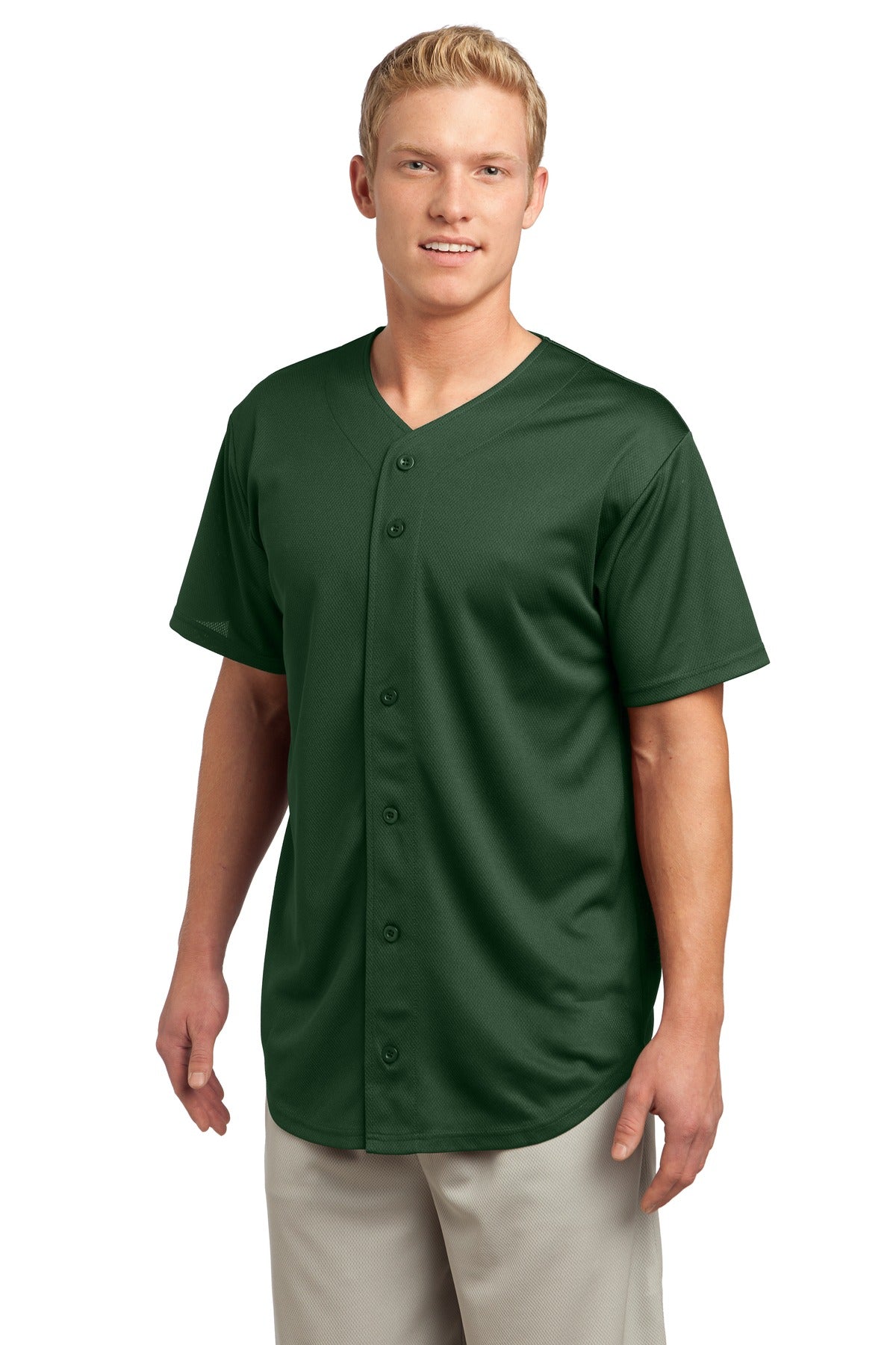Forest Green Sport-Tek PosiCharge Tough Mesh Full-Button Jersey. ST220 plain