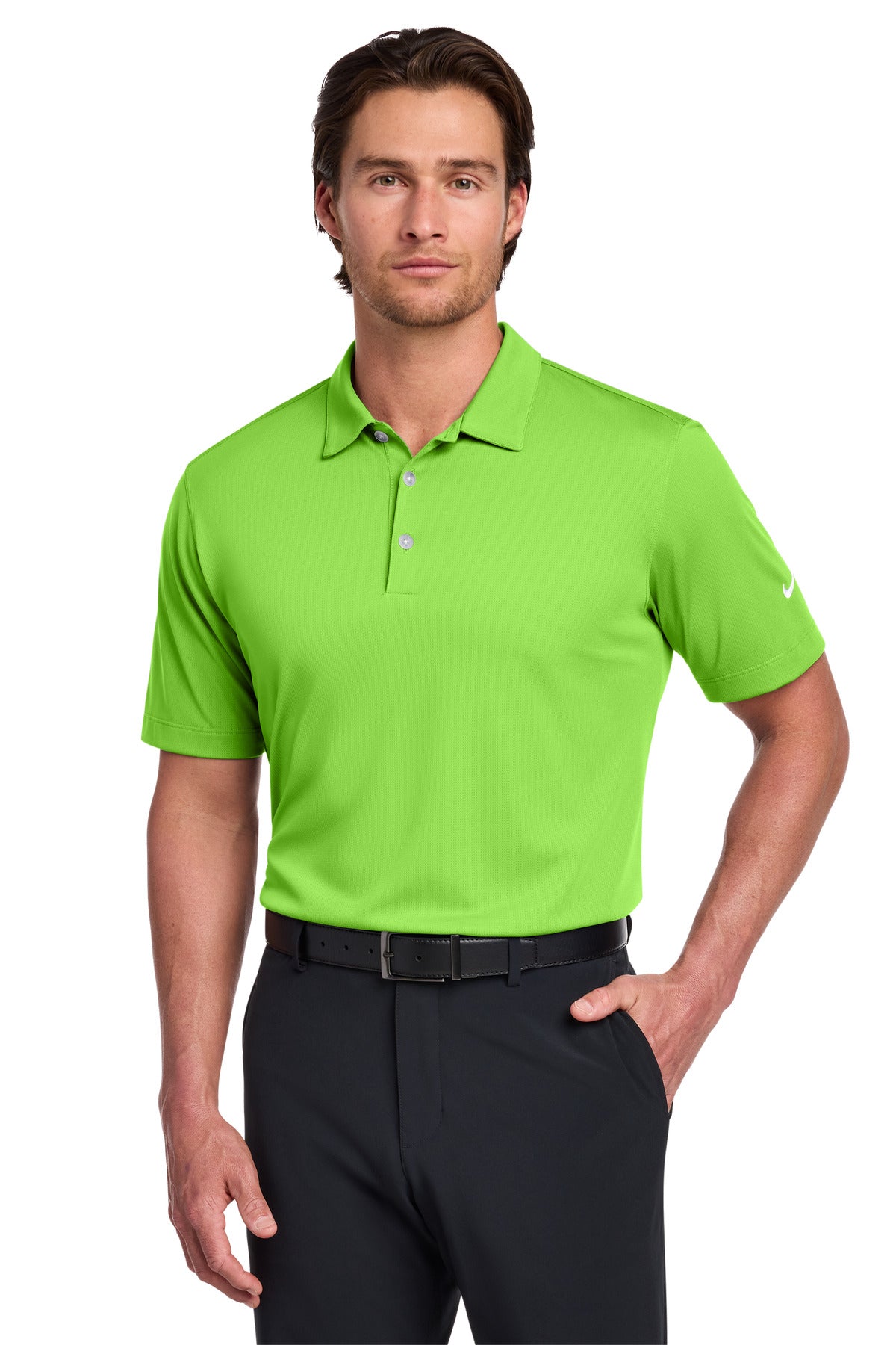 Front View of Action Green Nike Dri-FIT Vertical Mesh Polo. 637167 plain