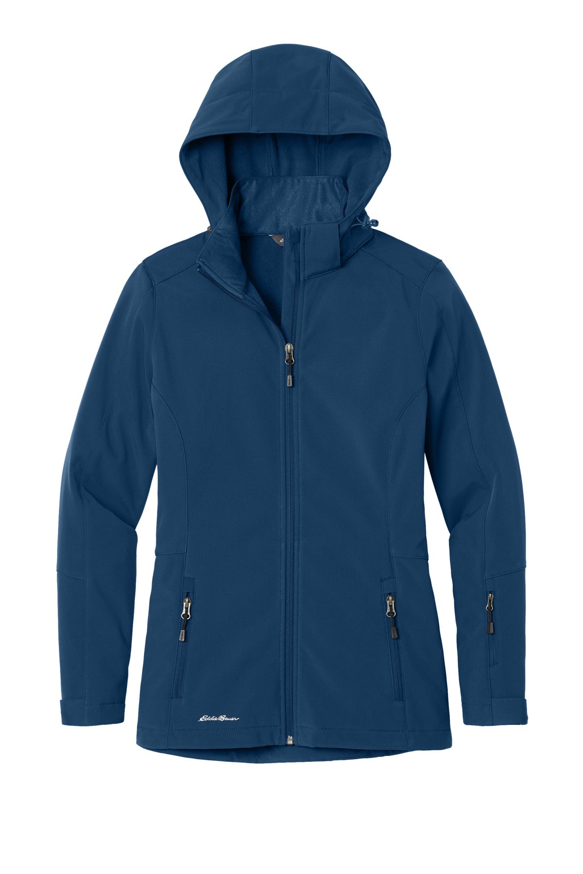 Front View of Admiral Blue Eddie Bauer Women's Hooded Soft Shell Parka. EB537 plain