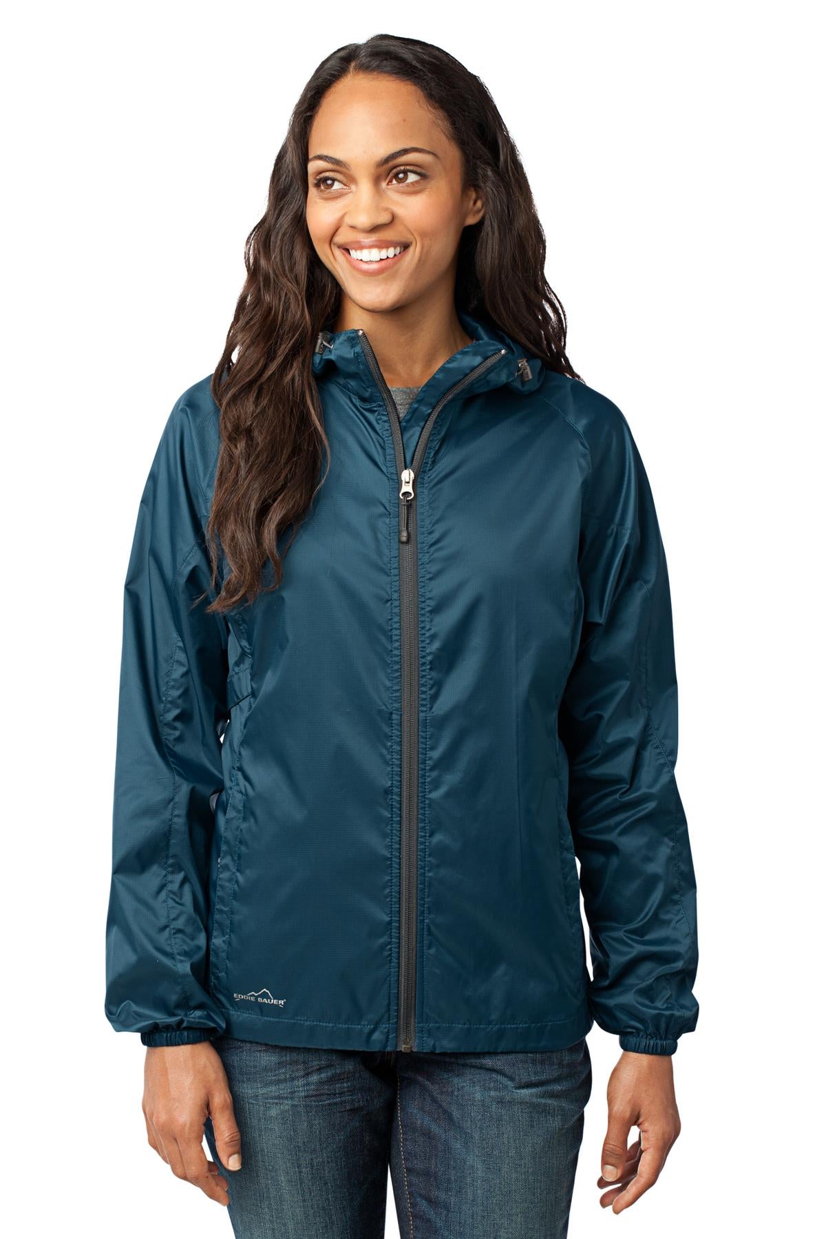 Front View of Adriatic Blue Eddie Bauer Women's Packable Wind Jacket. EB501 plain