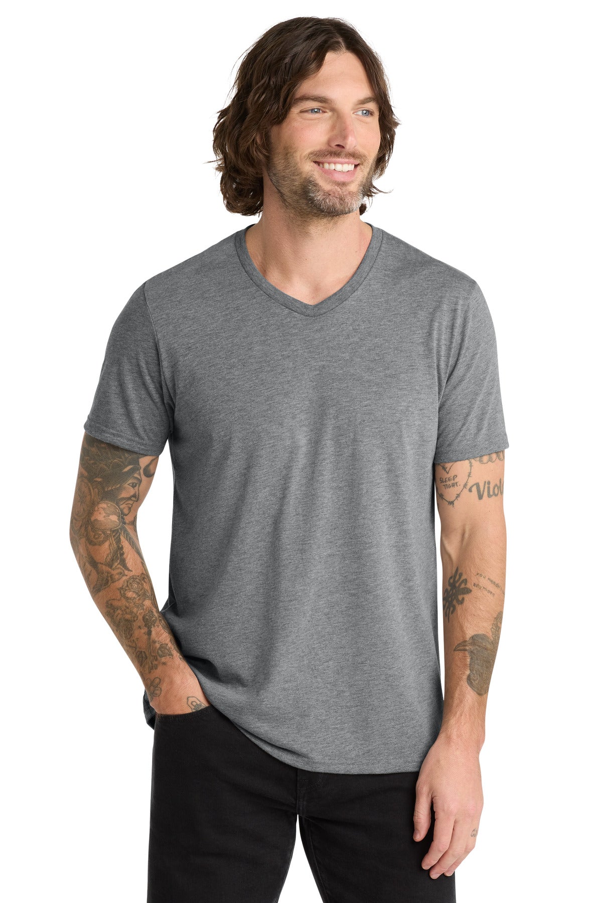Front View of Aluminum Grey Allmade Unisex Tri-Blend V-Neck Tee AL2014 plain