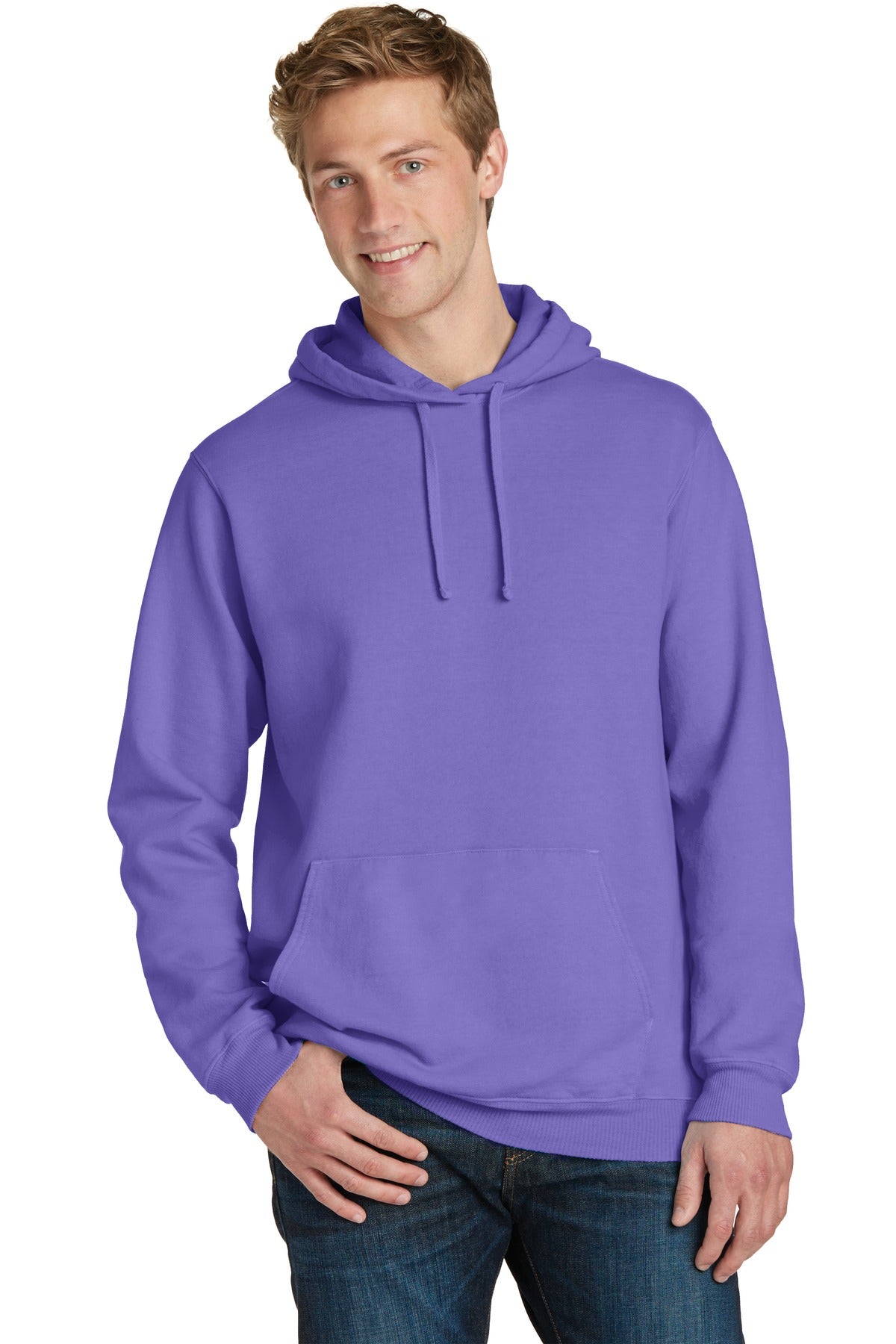 Front View of Amethyst Port & Co Beach Wash Garment-Dyed Pullover Hooded Sweatshirt. PC098H plain