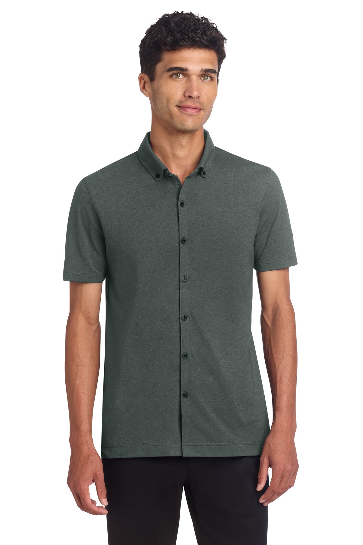 Front View of AnchorGrey Mercer+Mettle Stretch Pique Full-Button Polo MM1006 plain