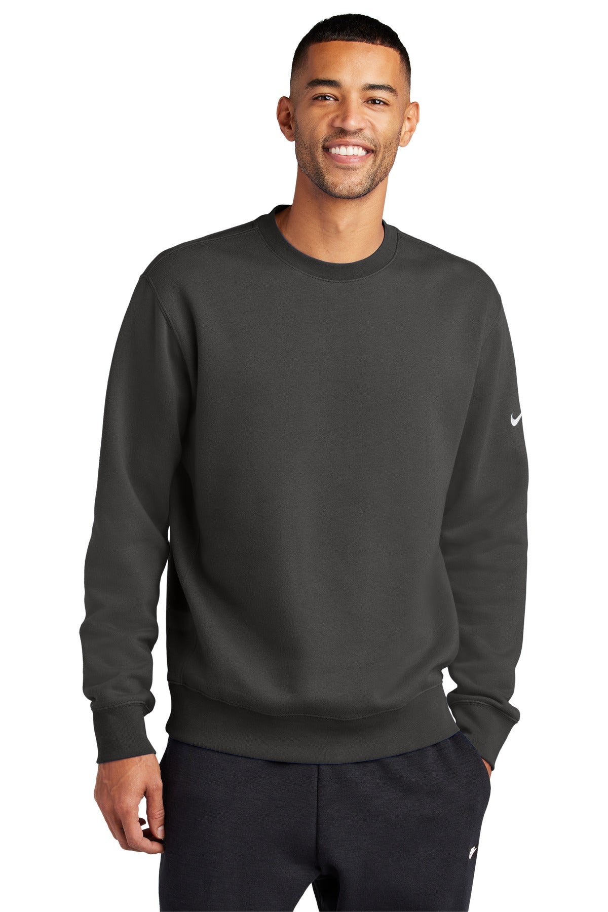 Front View of Anthracite Nike Club Fleece Sleeve Swoosh Crew NKFD9863 plain