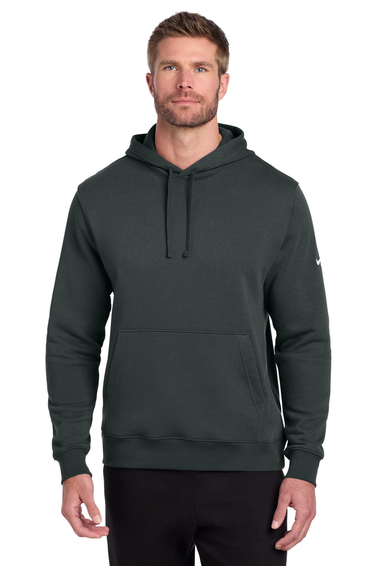 Front View of Anthracite Nike Club Fleece Sleeve Swoosh Pullover Hoodie NKDR1499 plain