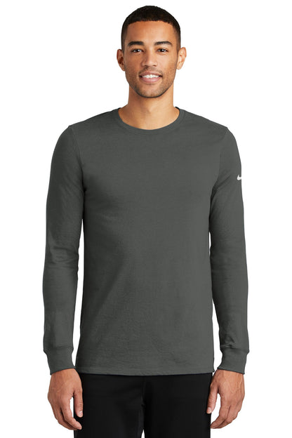 Front View of Anthracite Nike Dri-FIT Cotton/Poly Long Sleeve Tee. NKBQ5230 plain