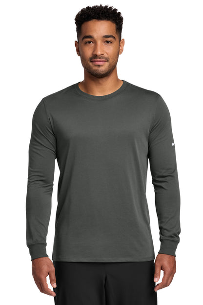 Front View of Anthracite Nike Dri-FIT Cotton/Poly Long Sleeve Tee. NKBQ5230 plain
