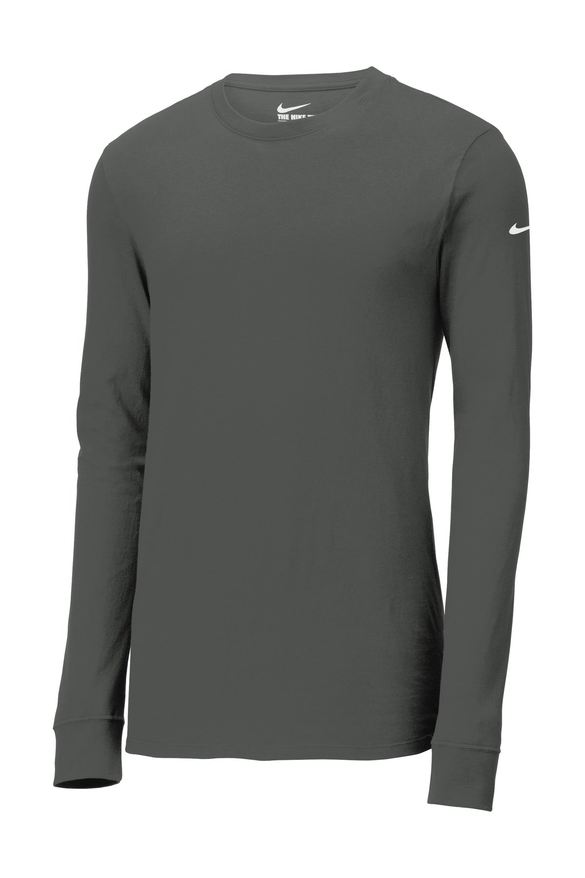 Front View of Anthracite Nike Dri-FIT Cotton/Poly Long Sleeve Tee. NKBQ5230 plain
