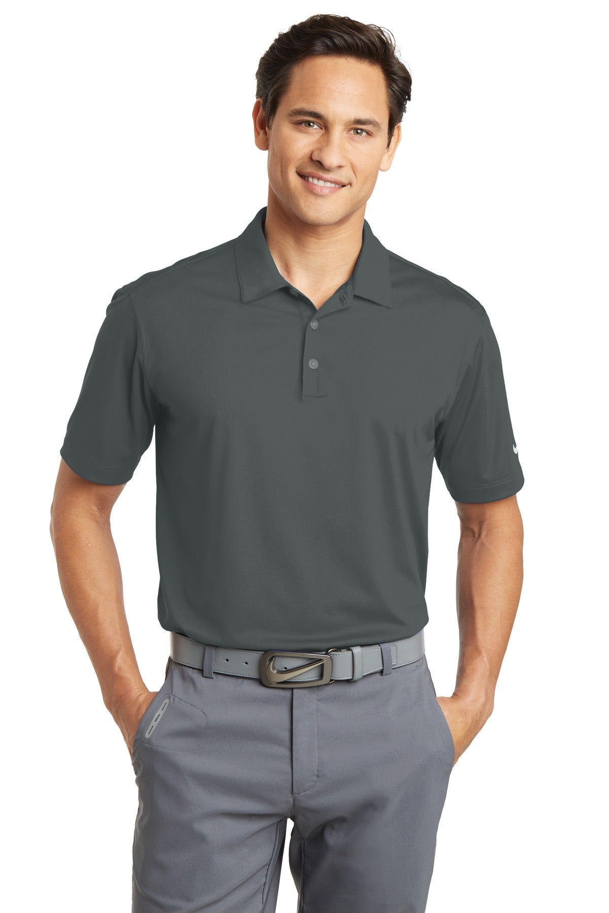 Front View of Anthracite Nike Dri-FIT Vertical Mesh Polo. 637167 plain