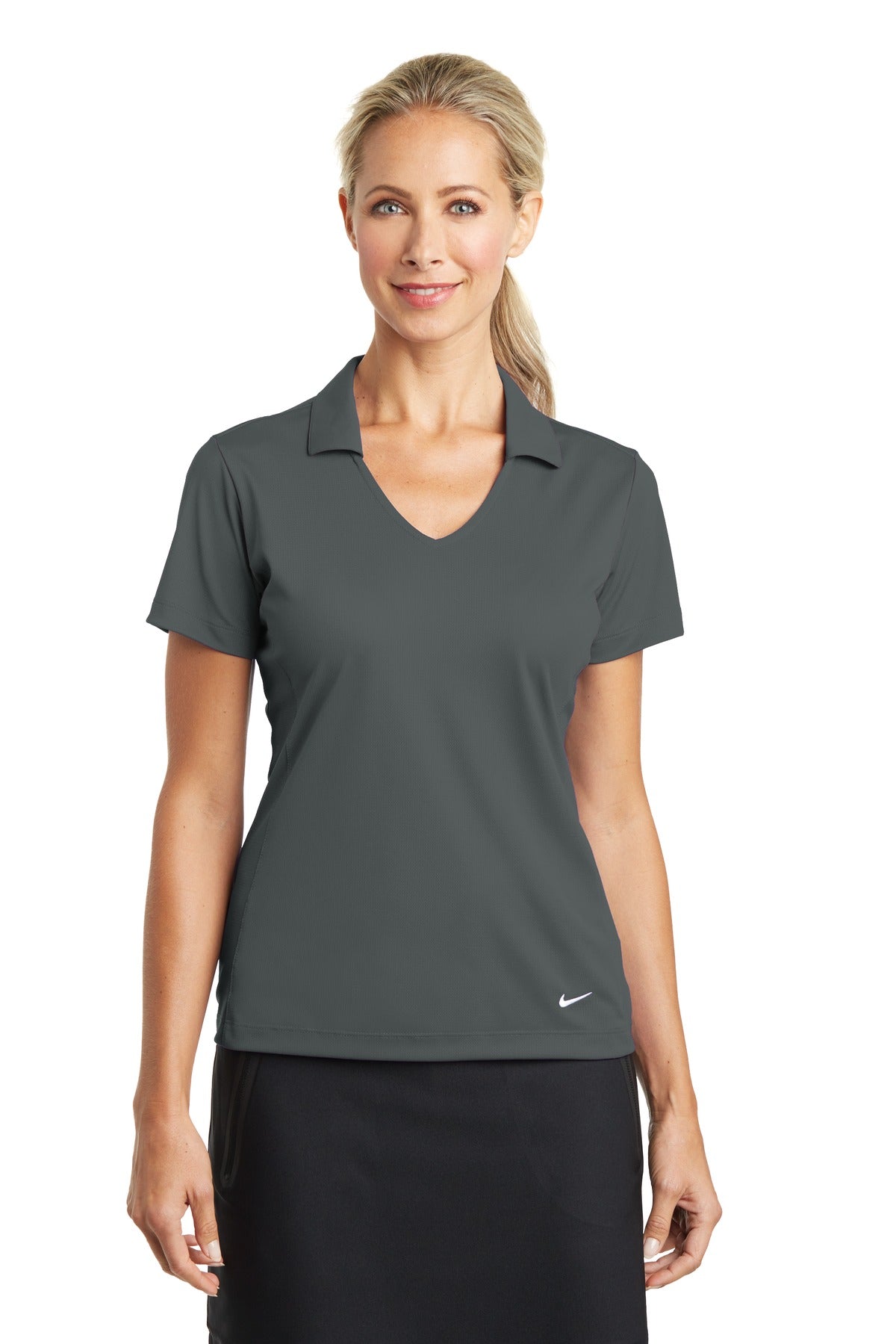 Front View of Anthracite Nike Women's Dri-FIT Vertical Mesh Polo. 637165 plain