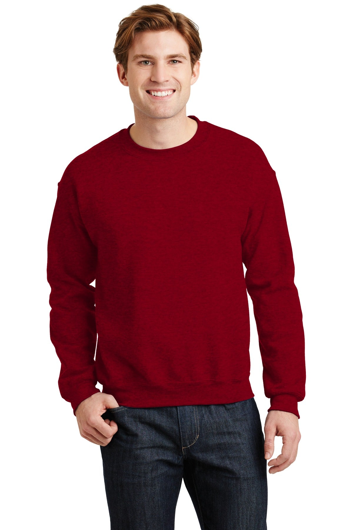 Front View of Antqu Chry Red Gildan Heavy Blend Crewneck Sweatshirt. 18000 plain