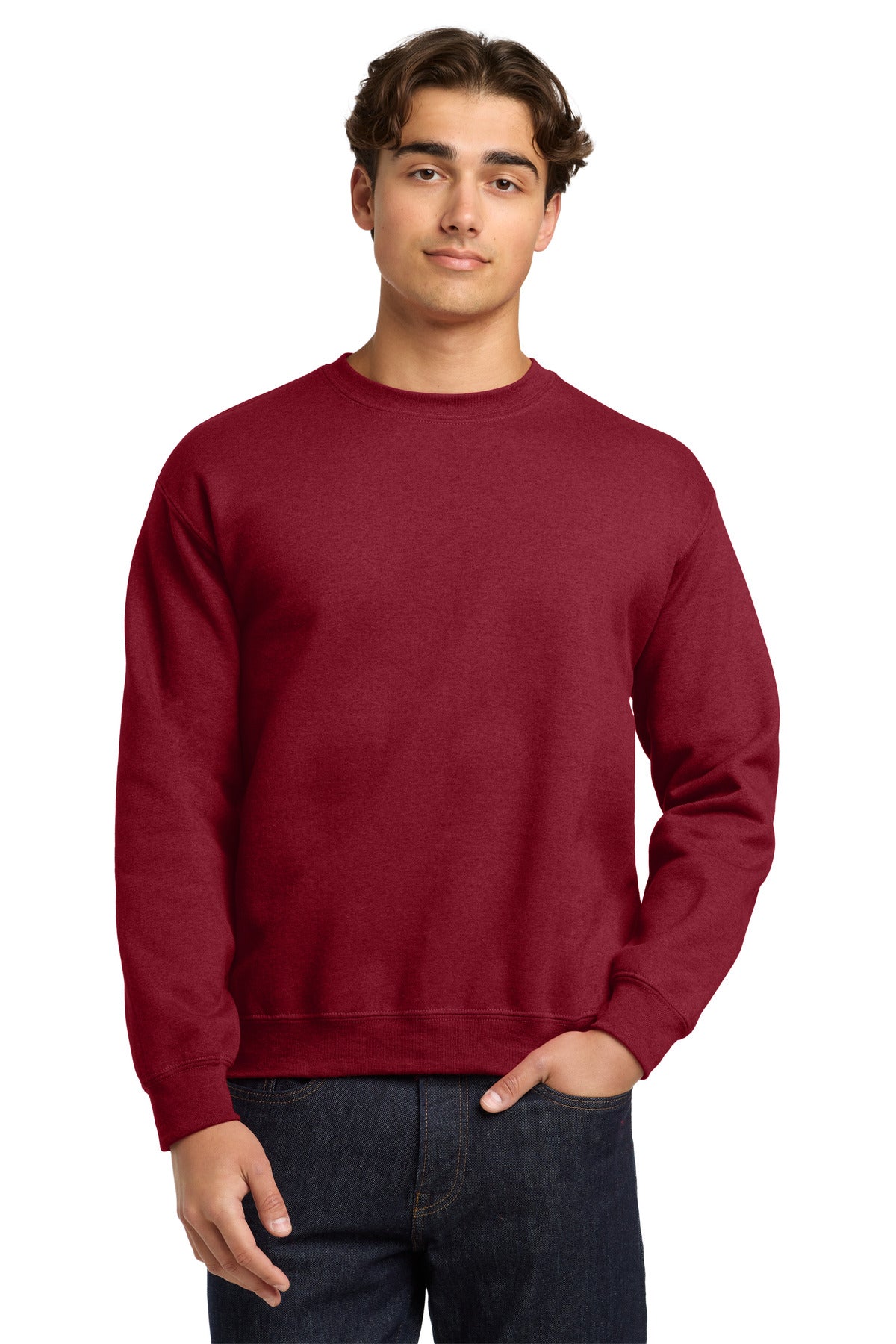 Front View of Antqu Chry Red Gildan Heavy Blend Crewneck Sweatshirt. 18000 plain