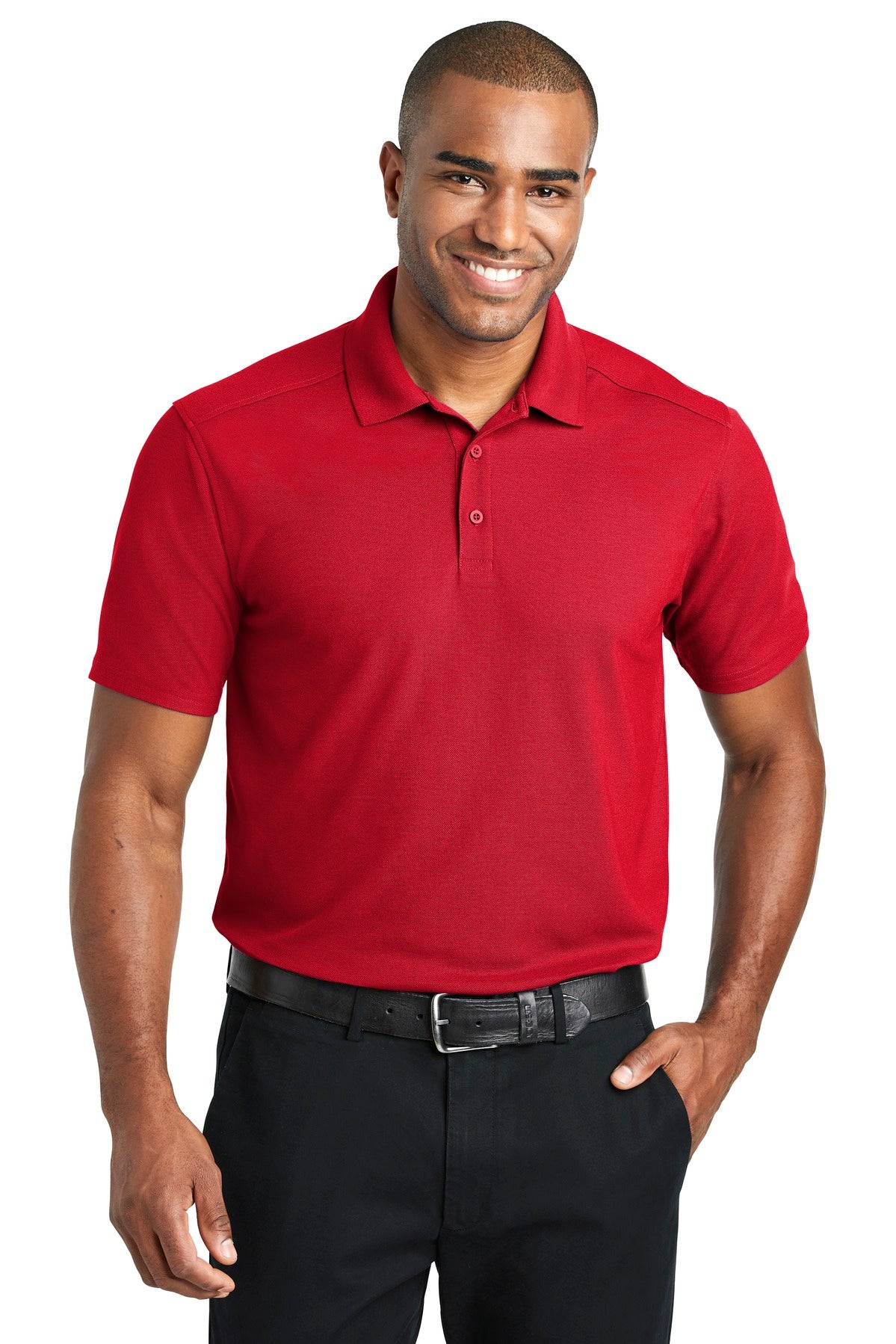 Front View of Apple Red Port Authority EZPerformance Pique Polo. K600 plain