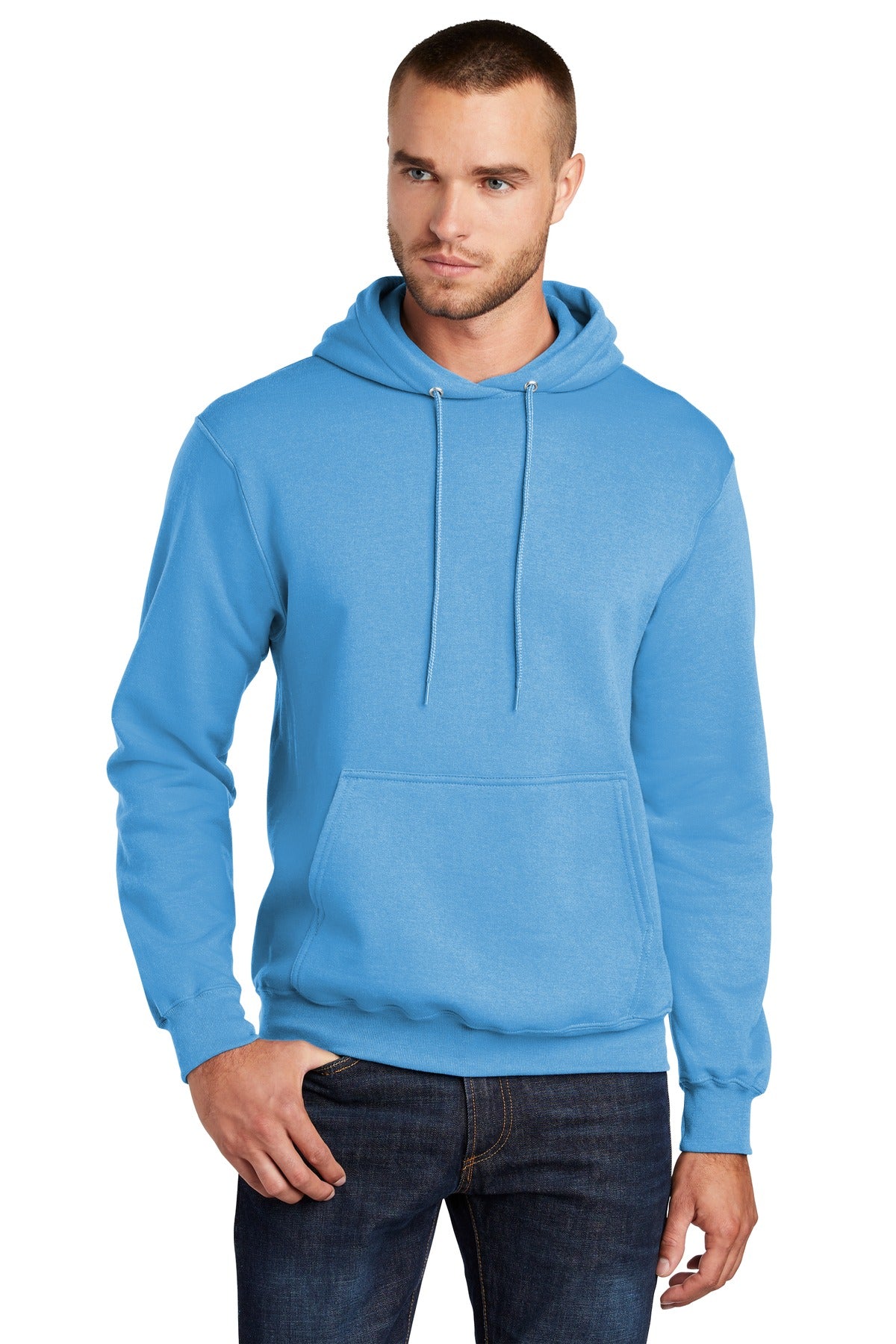 Front View of Aquatic Blue Port & Co Core Fleece Pullover Hooded Sweatshirt. PC78H plain