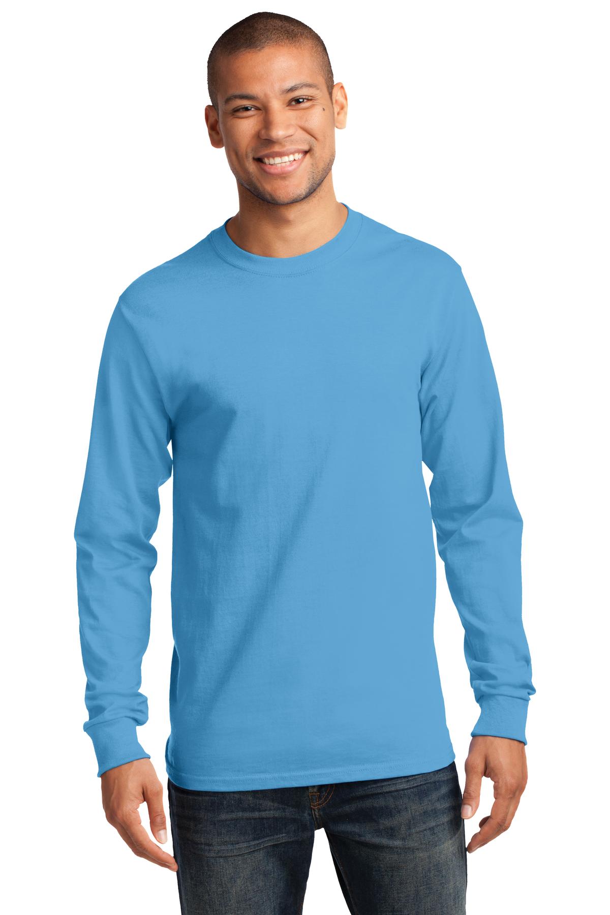 Front View of Aquatic Blue Port & Co Long Sleeve Essential Tee. PC61LS plain