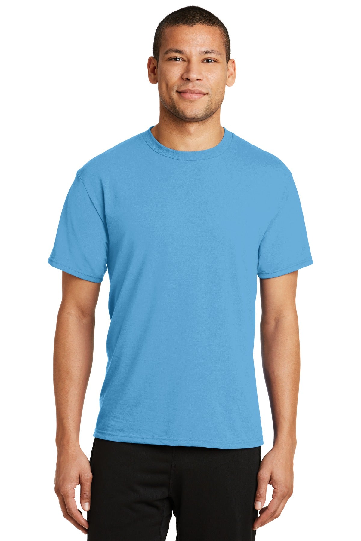 Front View of Aquatic Blue Port & Co Performance Blend Tee. PC381 plain