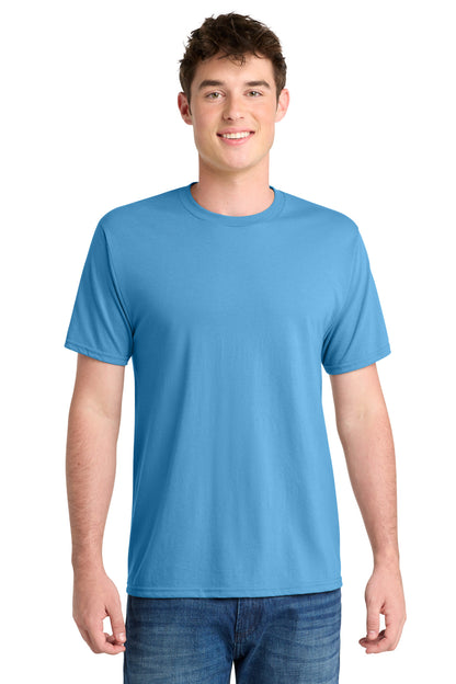 Front View of Aquatic Blue Port & Co Performance Blend Tee. PC381 plain