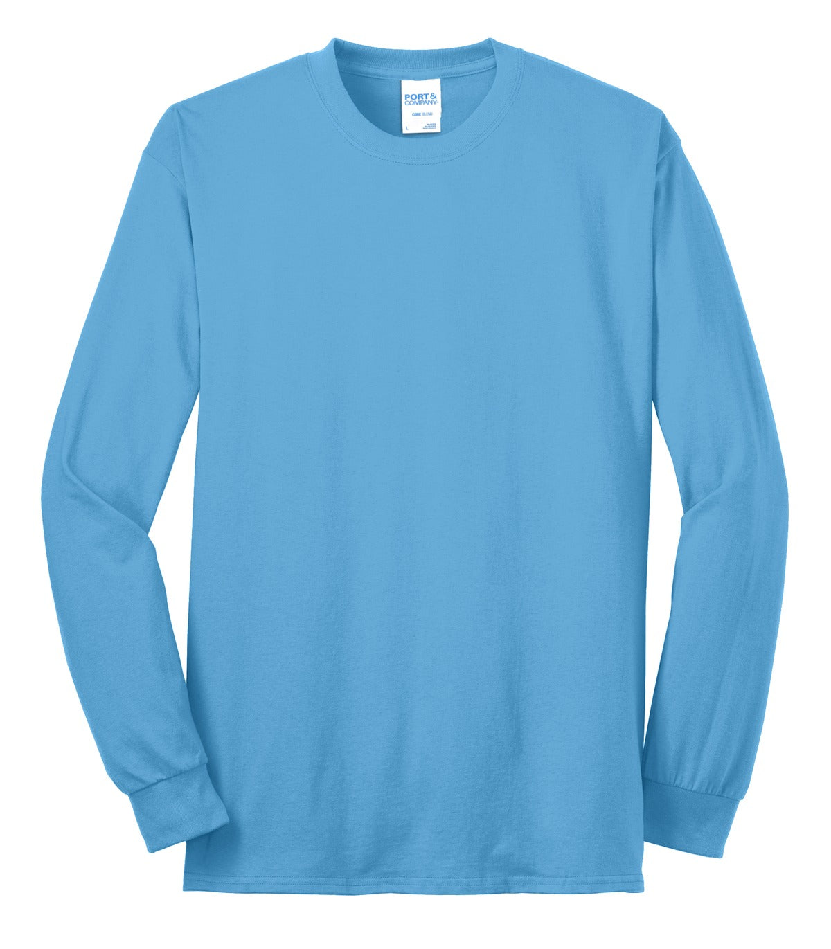 Front View of Aquatic Blue Port & Co Tall Long Sleeve Core Blend Tee. PC55LST plain