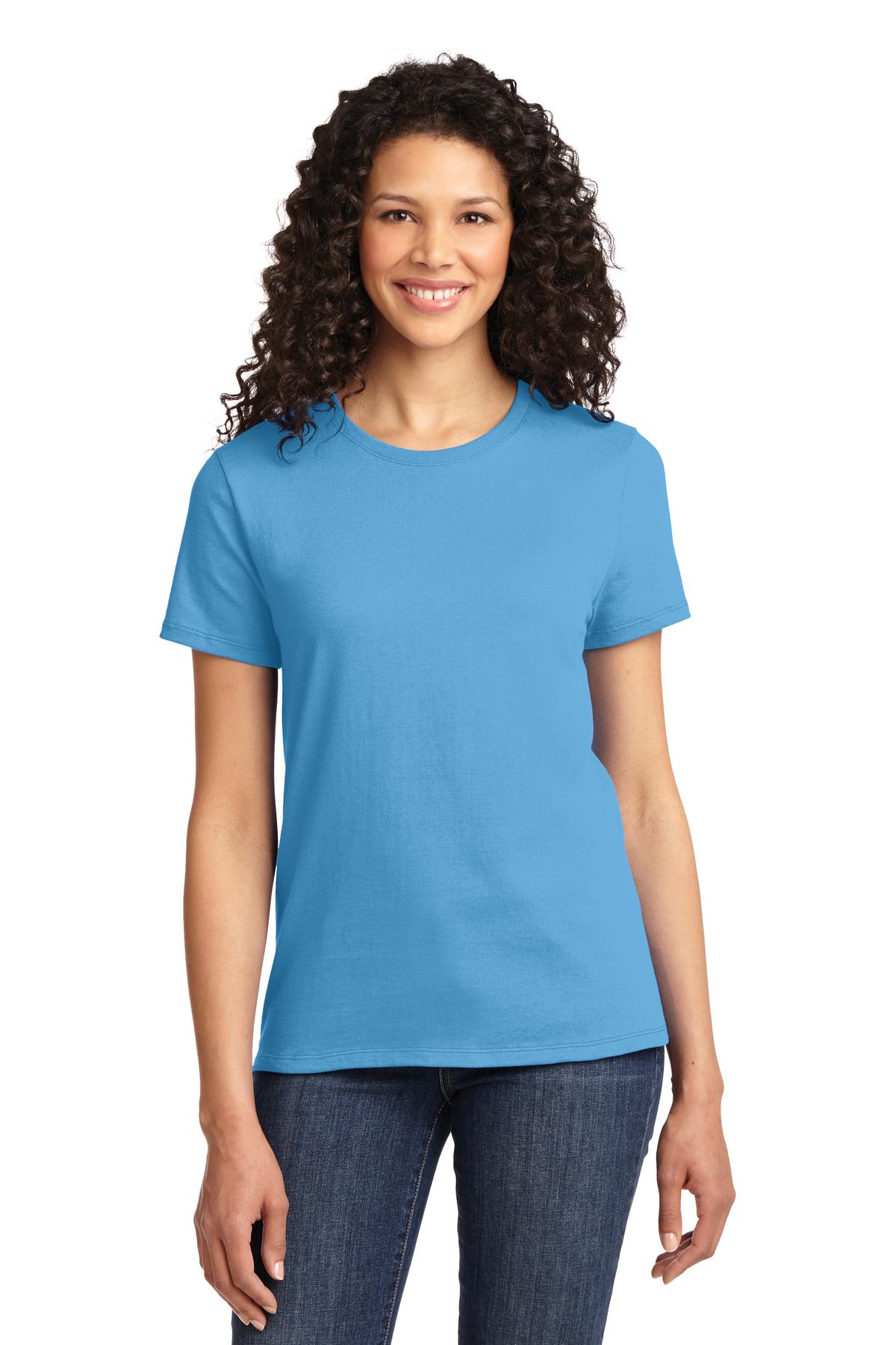 Front View of Aquatic Blue Port & Co Women's Essential Tee. LPC61 plain