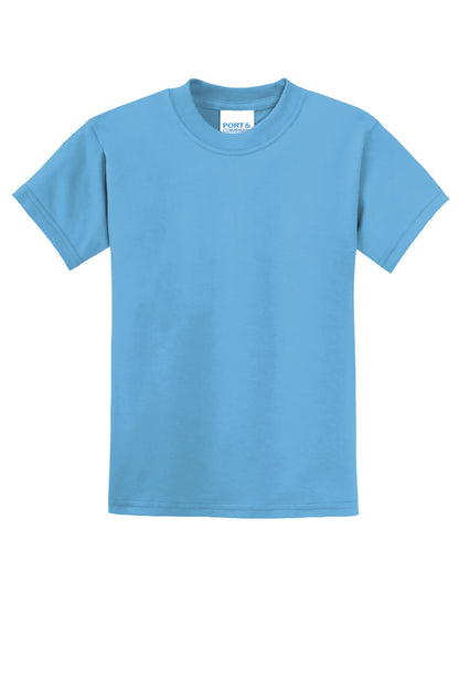 Front View of Aquatic Blue Port & Co Youth Core Blend Tee. PC55Y plain