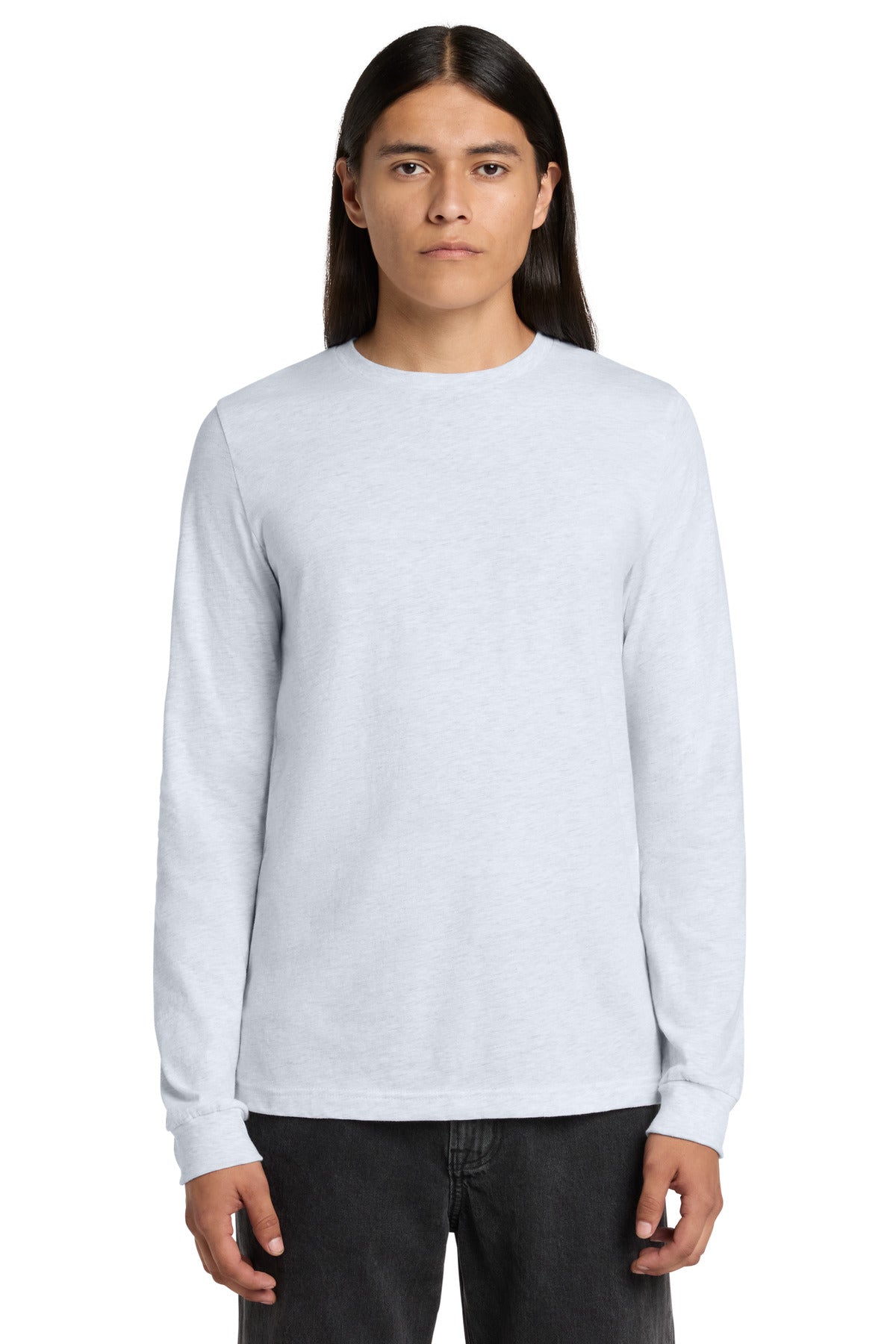Front View of Ash BELLA+CANVAS Unisex Jersey Long Sleeve Tee. BC3501 plain